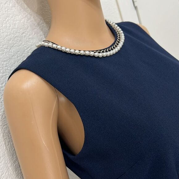 Karl Lagerfeld Paris Dress Sz 2 Scoop Neck Sleeveless Navy Blue Pearls Gold Mini - Picture 3 of 9